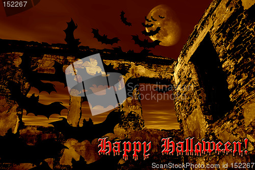 Image of Happy Halloween. Bats are flying over the old ruin. Dramatic toned
