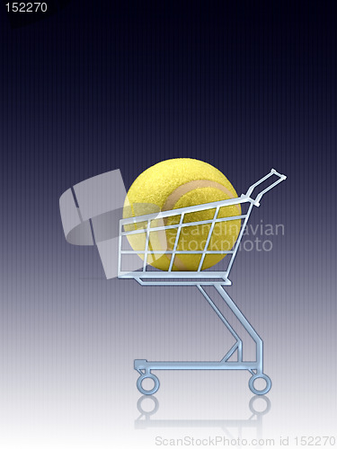Image of Sports shopping. Tennis ball in a shopping cart. Blue, vertical lined background