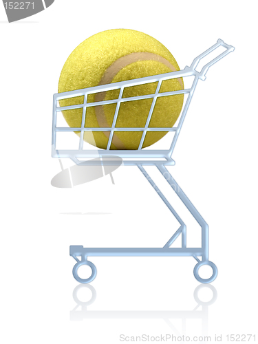 Image of Sports shopping. Tennis ball in a shopping cart. Isolated