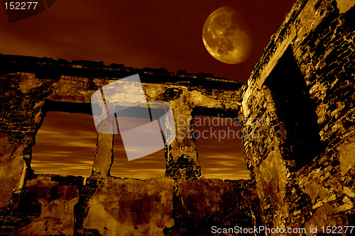 Image of Old ruin in the moonlight. Dramatic toned