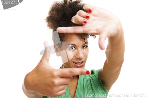 Image of Beautiful woman creating a frame with fingers