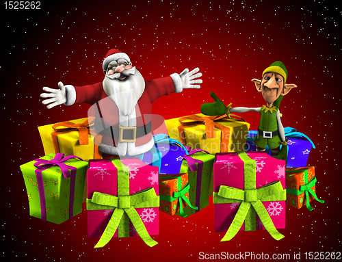 Image of Father Christmas With Elf And Presents 