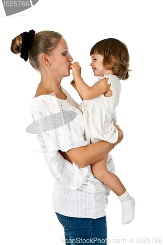 Image of little girl at the hands of the mother feeds her and plum