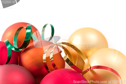 Image of christmas glass balls decorated with ribbons