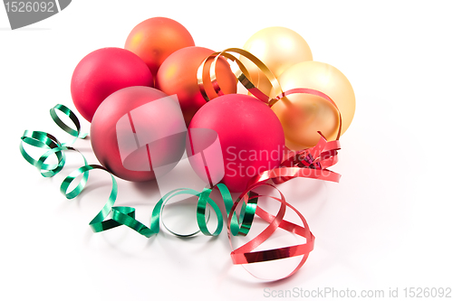 Image of christmas glass balls decorated with ribbons