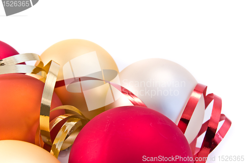 Image of christmas glass balls decorated with ribbons