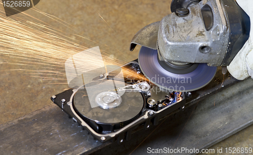 Image of angular grinder cleaning data from hard drive