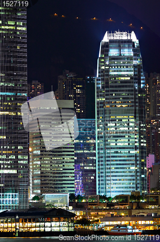 Image of Details of business buildings at night in Hong Kong