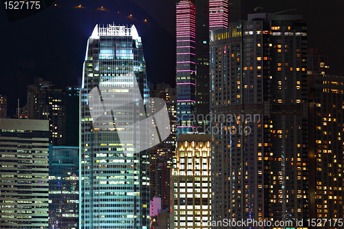 Image of Details of business buildings at night in Hong Kong