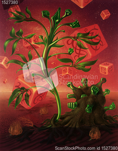 Image of surreal picture with dice and plants