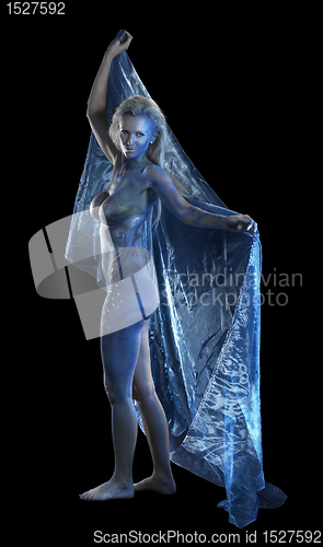 Image of blue bodypainted woman and fabrics