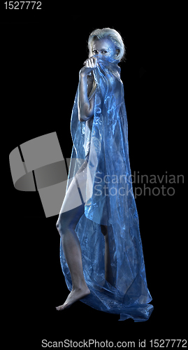 Image of blue bodypainted woman and fabrics