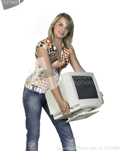 Image of cute girl carrying a computer monitor