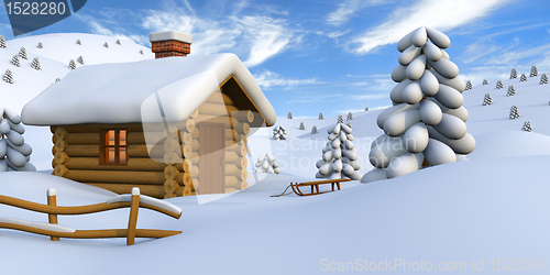 Image of Log cabin in snowy countryside