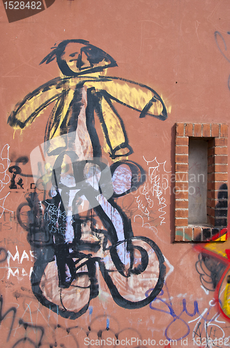 Image of Graffiti paintings on wall. Dirty city wall