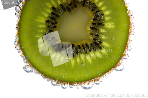 Image of Close-up of a kiwi slice with bubbles 