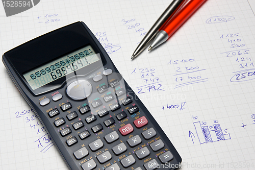 Image of Mathematical calculator and hand counts in the background