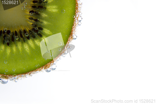 Image of Close-up of a kiwi slice with bubbles 