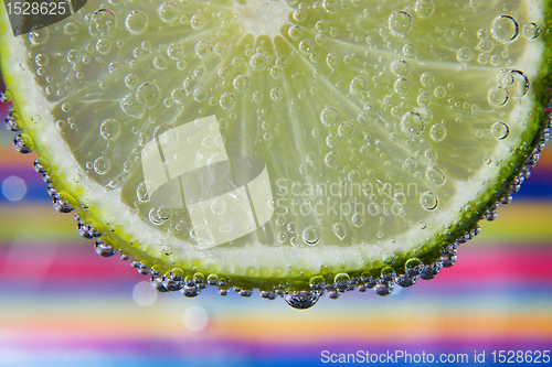 Image of Close-up of a lemon slice with bubbles 