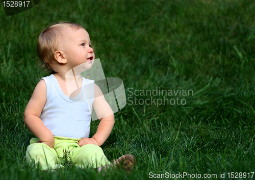 Image of Boy sits on a grass