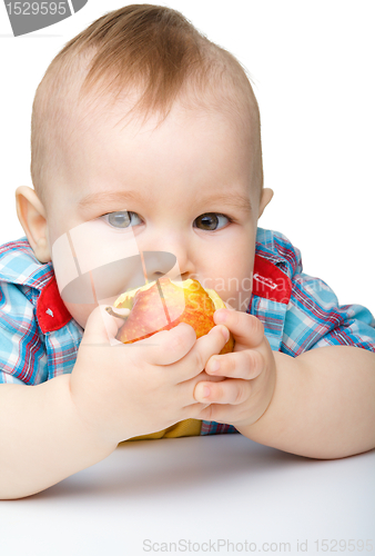 Image of Little child is biting red apple and smile