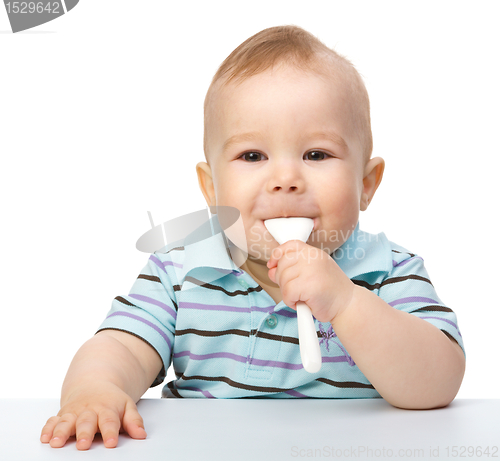 Image of Cute little boy is biting spoon
