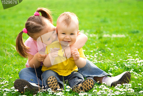Image of Two children are sitting on green meadow