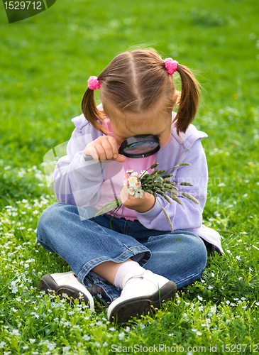 Image of Little girl is sitting on green meadow