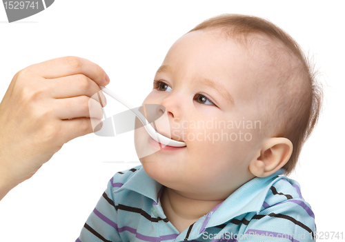 Image of Little boy is being feed by his mother