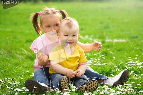 Image of Two children are sitting on green meadow