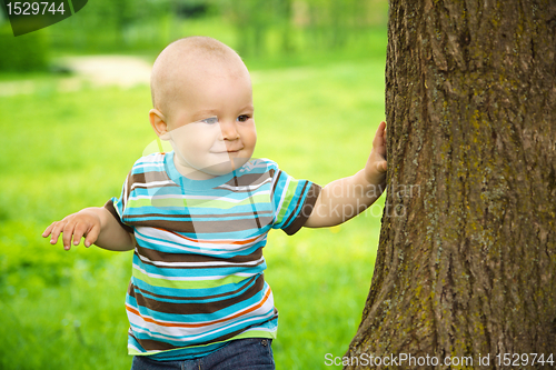 Image of Little boy is playing hide and seek outdoors