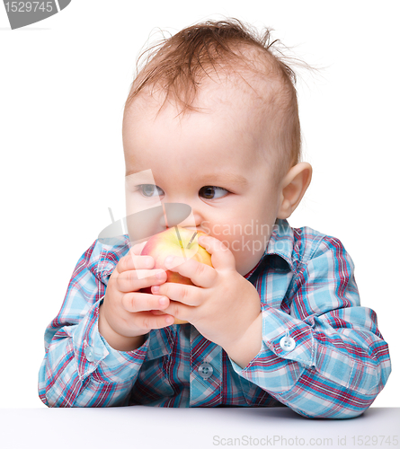 Image of Little child is eating red apple