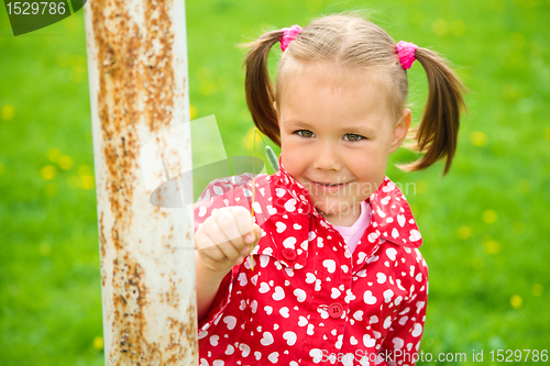 Image of Little girl is playing on green meadow