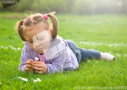 Image of Little girl is laying on green meadow