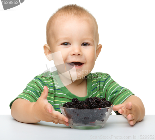 Image of Cheerful little boy is eating blackberry