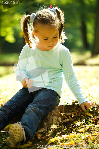 Image of Little girl is playing in autumn park