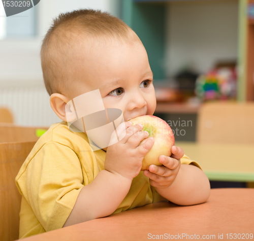 Image of Little boy is eating apple