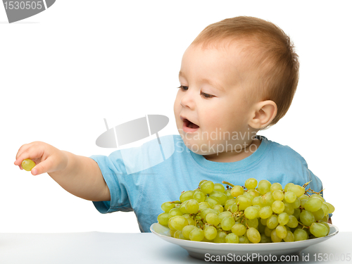 Image of Little boy is eating grapes