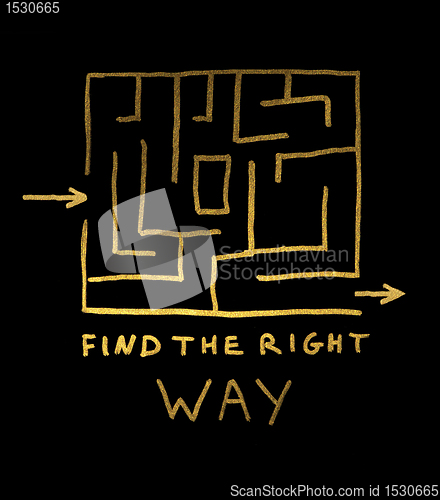 Image of Find the right way conception. Labirint and text