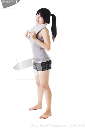 Image of Chinese girl lifting hand weights.