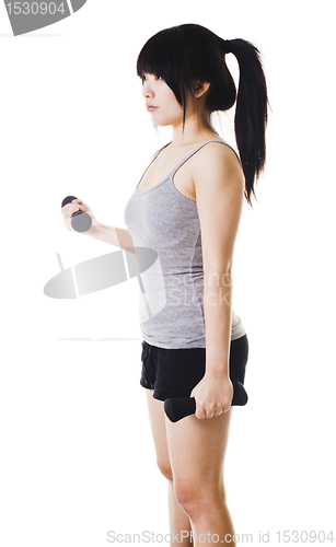 Image of Chinese girl lifting hand weights.