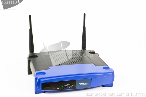 Image of blue internet router with two antennas