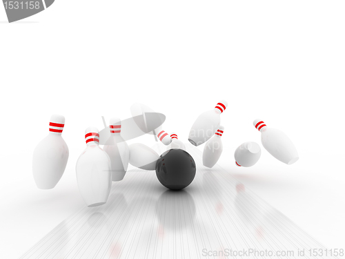 Image of 3d Bowling Ball crashing into the pins 