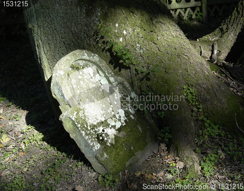 Image of floodlit old gravestone with moss and lichen