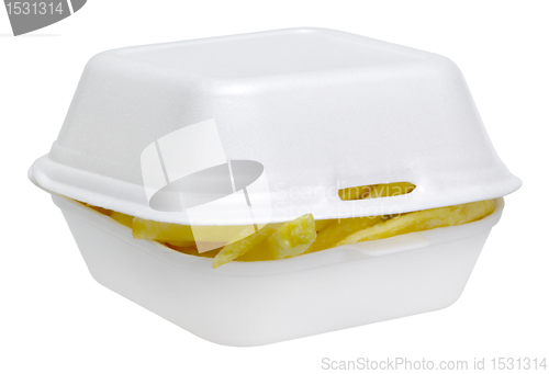 Image of French fries in a white plastic box