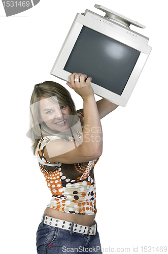 Image of girl throwing a computer monitor