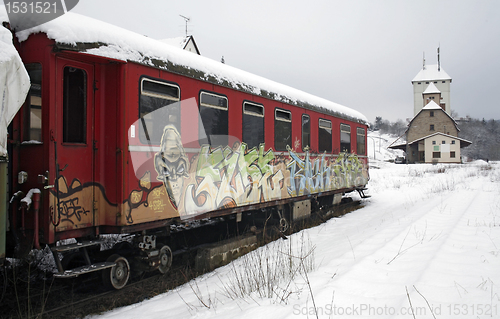 Image of old railway car and station