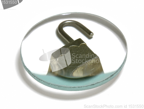 Image of open padlock under glass lens