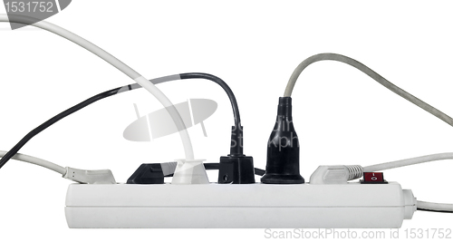 Image of white multiple socket and plugs sideways
