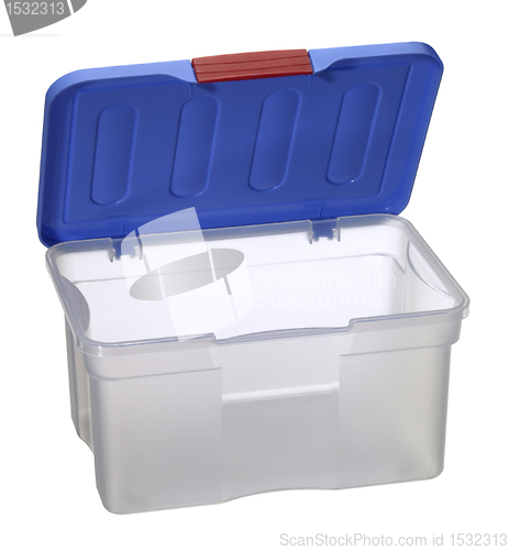 Image of translucent plastic box with blue top